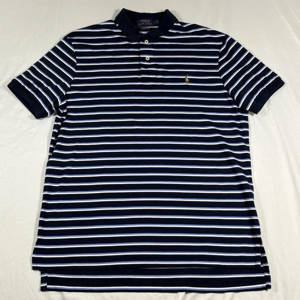 Polo Ralph Lauren Men Shirt Large Pima Soft Touch Preppy Horse Logo Striped Blue - Picture 2 of 9